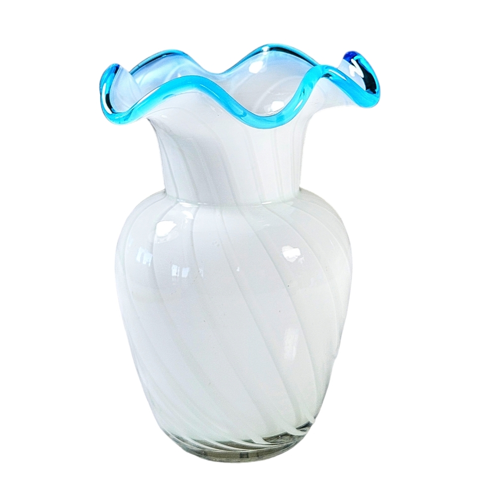 Vintage Hand Blown Art Glass Optic Swirl Vase With Blue Ruffled Rim Vintage 6"